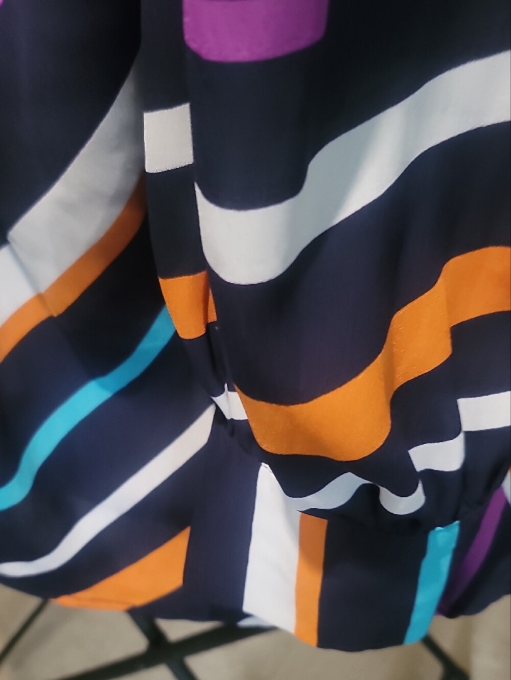 Ashley Stewart Navy Striped Bow-Tie Blouse with Orange, Teal & Purple Accents - Picture 3 of 4